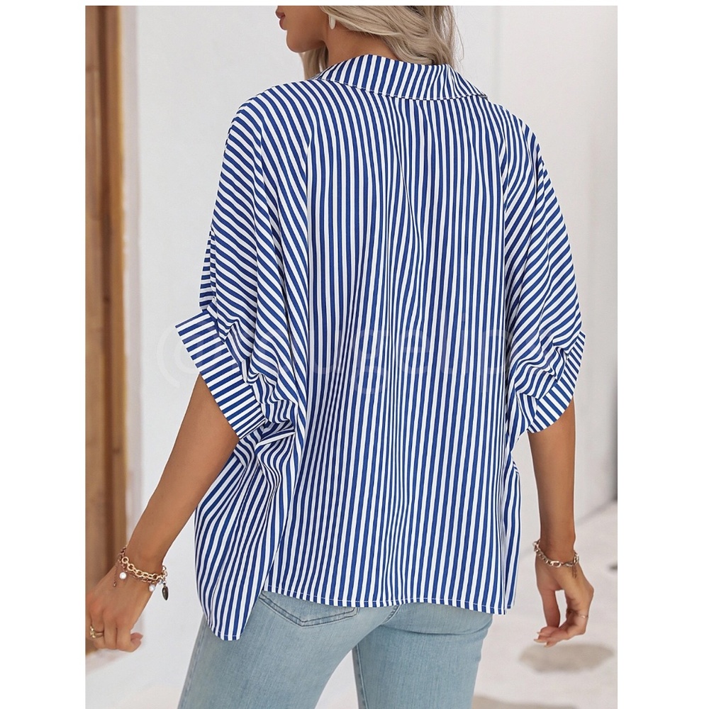 Striped Blue White Button Up Front Shirt Oversized Half Sleeve Collar - Picture 4 of 9